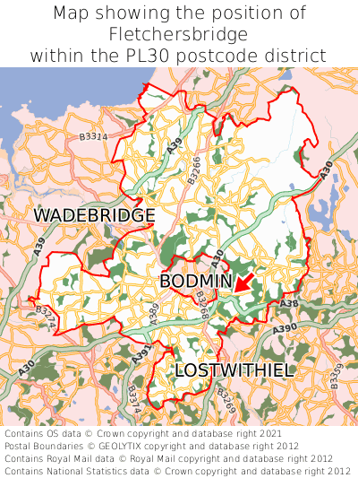 Map showing location of Fletchersbridge within PL30