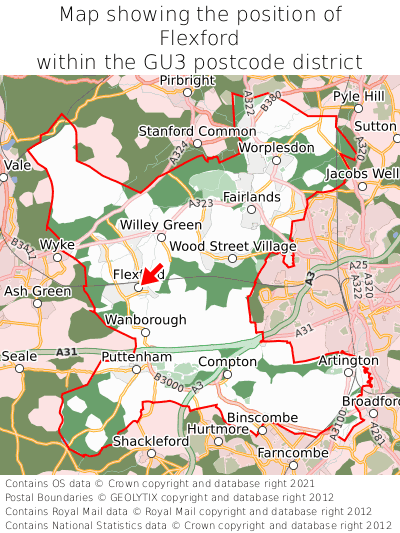 Map showing location of Flexford within GU3