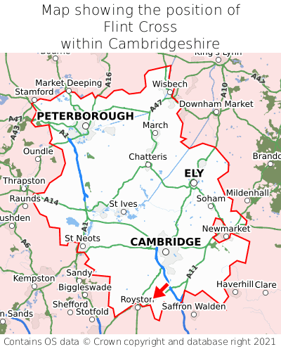 Map showing location of Flint Cross within Cambridgeshire