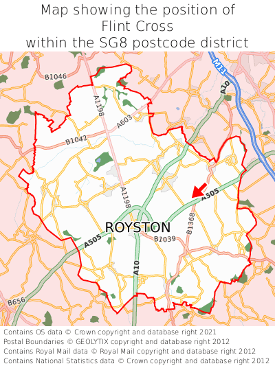 Map showing location of Flint Cross within SG8