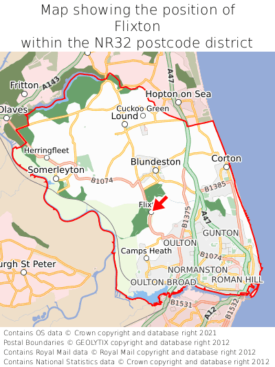 Map showing location of Flixton within NR32