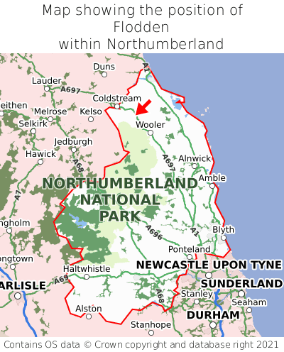 Map showing location of Flodden within Northumberland