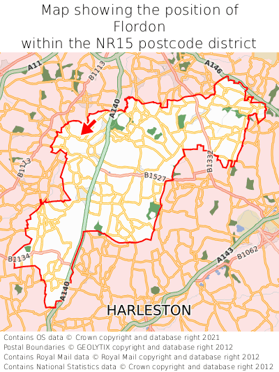 Map showing location of Flordon within NR15
