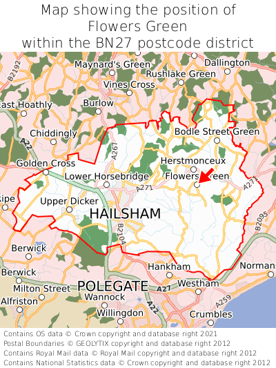 Map showing location of Flowers Green within BN27