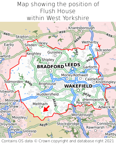Map showing location of Flush House within West Yorkshire