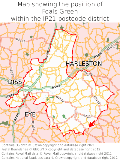 Map showing location of Foals Green within IP21