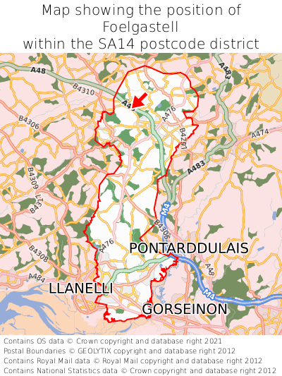 Map showing location of Foelgastell within SA14