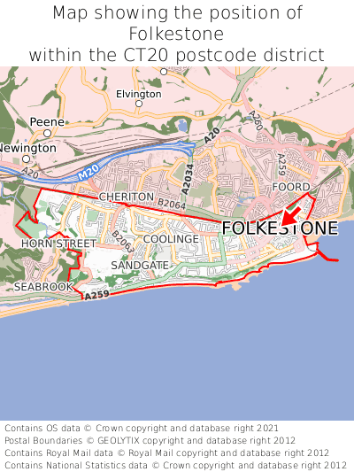 Map showing location of Folkestone within CT20