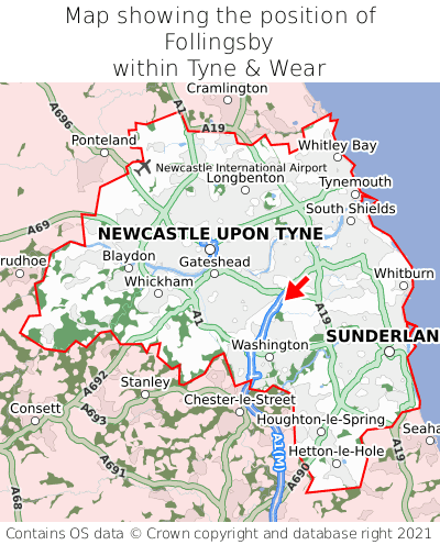 Map showing location of Follingsby within Tyne & Wear