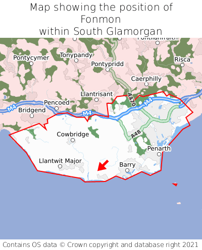 Map showing location of Fonmon within South Glamorgan