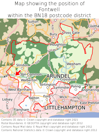 Map showing location of Fontwell within BN18