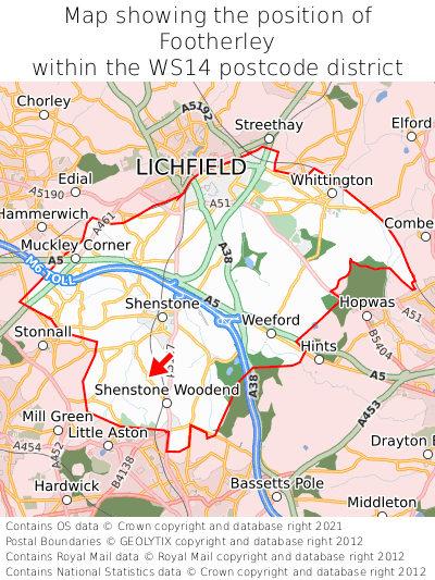 Map showing location of Footherley within WS14
