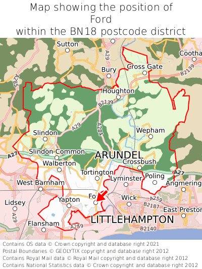 Map showing location of Ford within BN18