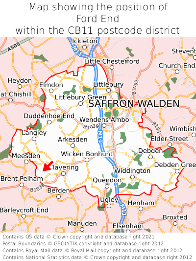 Map showing location of Ford End within CB11