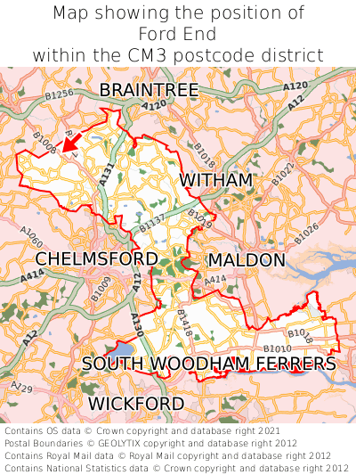Map showing location of Ford End within CM3
