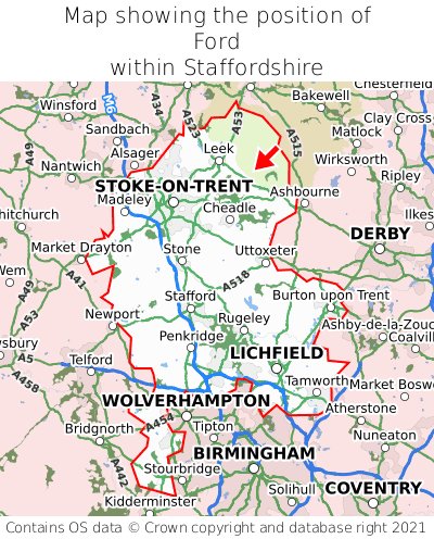 Map showing location of Ford within Staffordshire