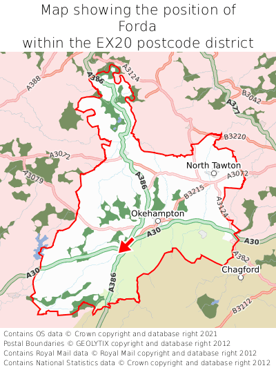 Map showing location of Forda within EX20