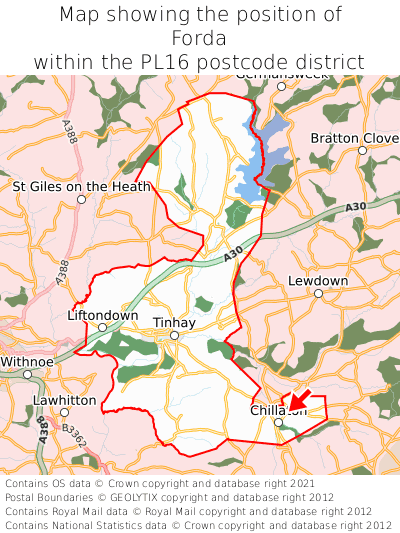 Map showing location of Forda within PL16