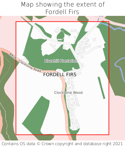 Map showing extent of Fordell Firs as bounding box