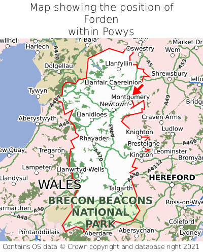 Map showing location of Forden within Powys