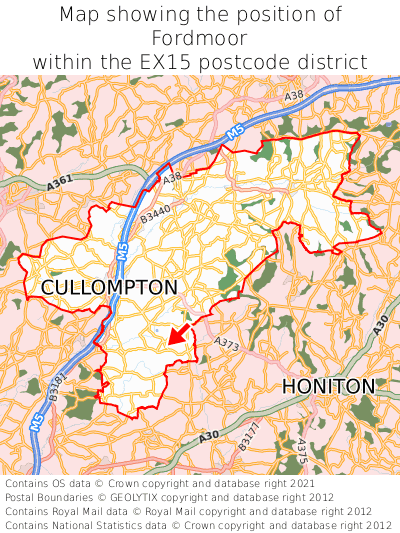 Map showing location of Fordmoor within EX15