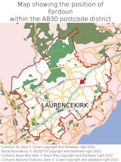 Map showing location of Fordoun within AB30