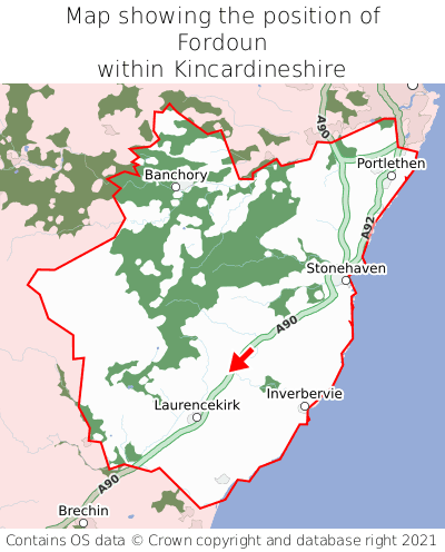 Map showing location of Fordoun within Kincardineshire