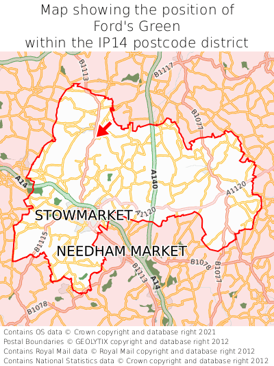 Map showing location of Ford's Green within IP14