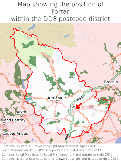 Map showing location of Forfar within DD8