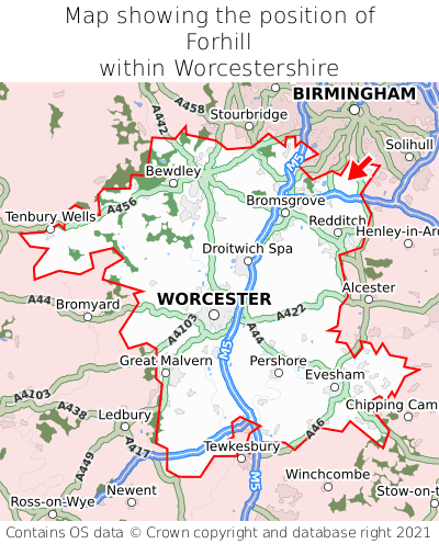 Map showing location of Forhill within Worcestershire
