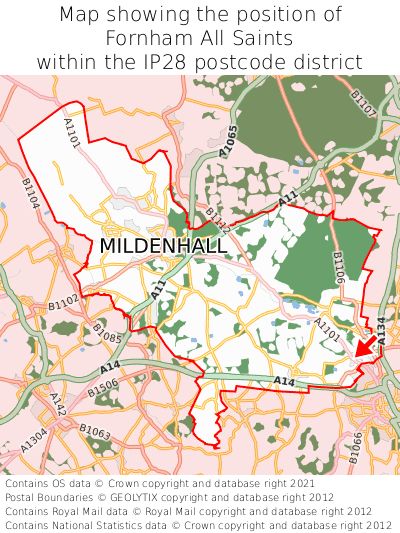 Map showing location of Fornham All Saints within IP28