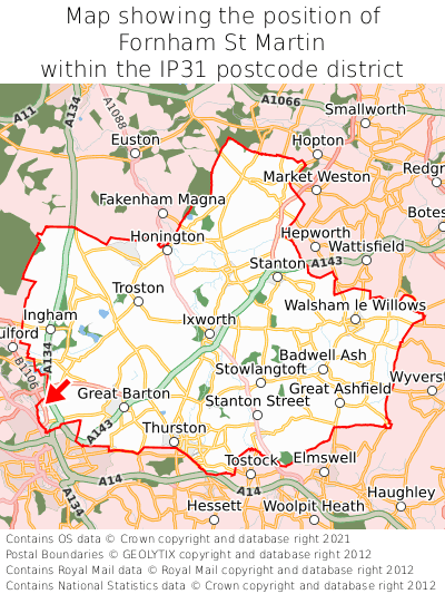 Map showing location of Fornham St Martin within IP31