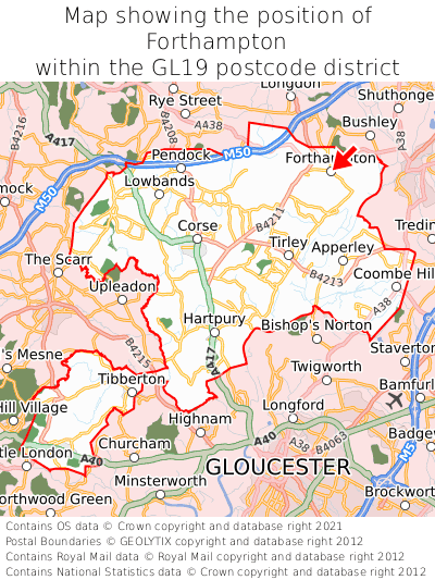 Map showing location of Forthampton within GL19