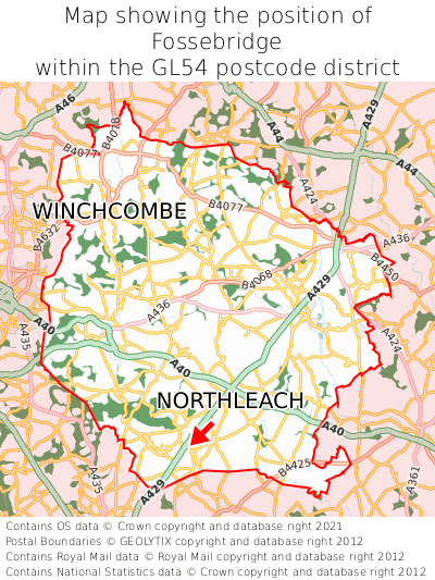 Map showing location of Fossebridge within GL54