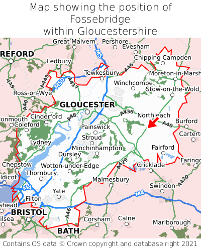Map showing location of Fossebridge within Gloucestershire