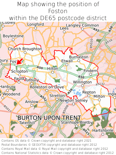 Map showing location of Foston within DE65