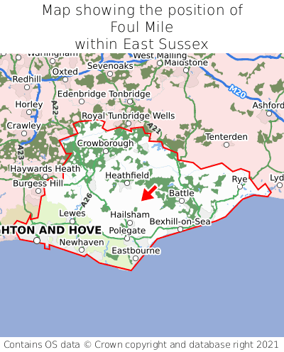 Map showing location of Foul Mile within East Sussex