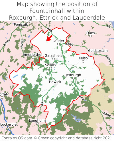 Map showing location of Fountainhall within Roxburgh, Ettrick and Lauderdale