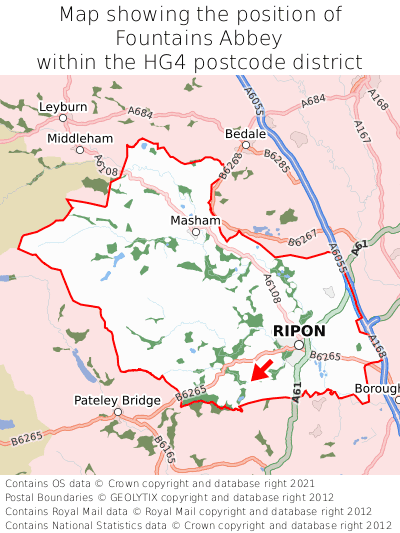 Map showing location of Fountains Abbey within HG4