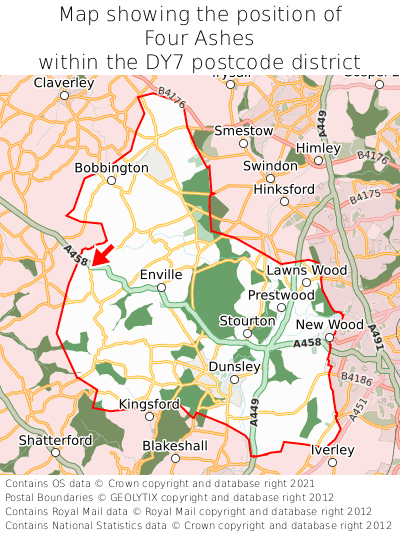 Map showing location of Four Ashes within DY7