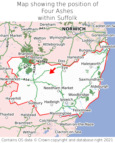 Map showing location of Four Ashes within Suffolk