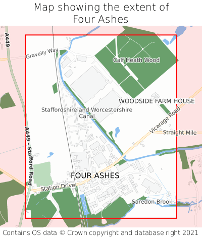 Map showing extent of Four Ashes as bounding box