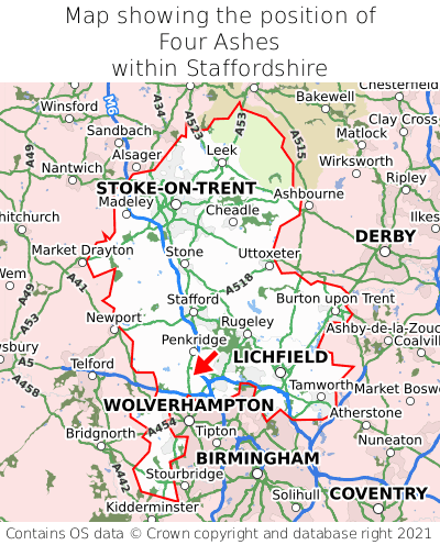 Map showing location of Four Ashes within Staffordshire