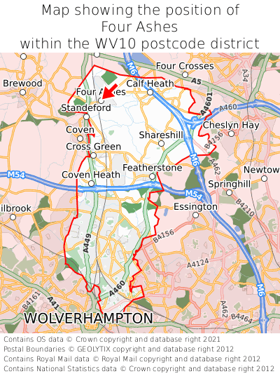 Map showing location of Four Ashes within WV10