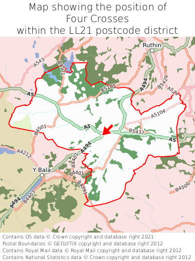 Map showing location of Four Crosses within LL21