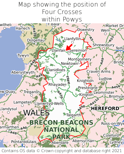 Map showing location of Four Crosses within Powys