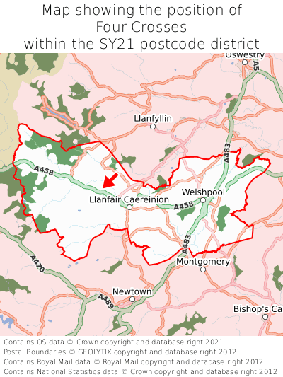 Map showing location of Four Crosses within SY21