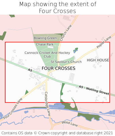Map showing extent of Four Crosses as bounding box