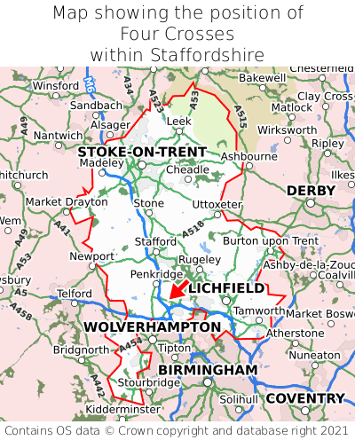 Map showing location of Four Crosses within Staffordshire