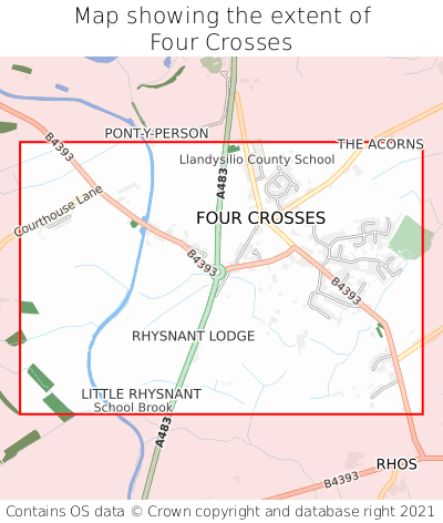 Map showing extent of Four Crosses as bounding box